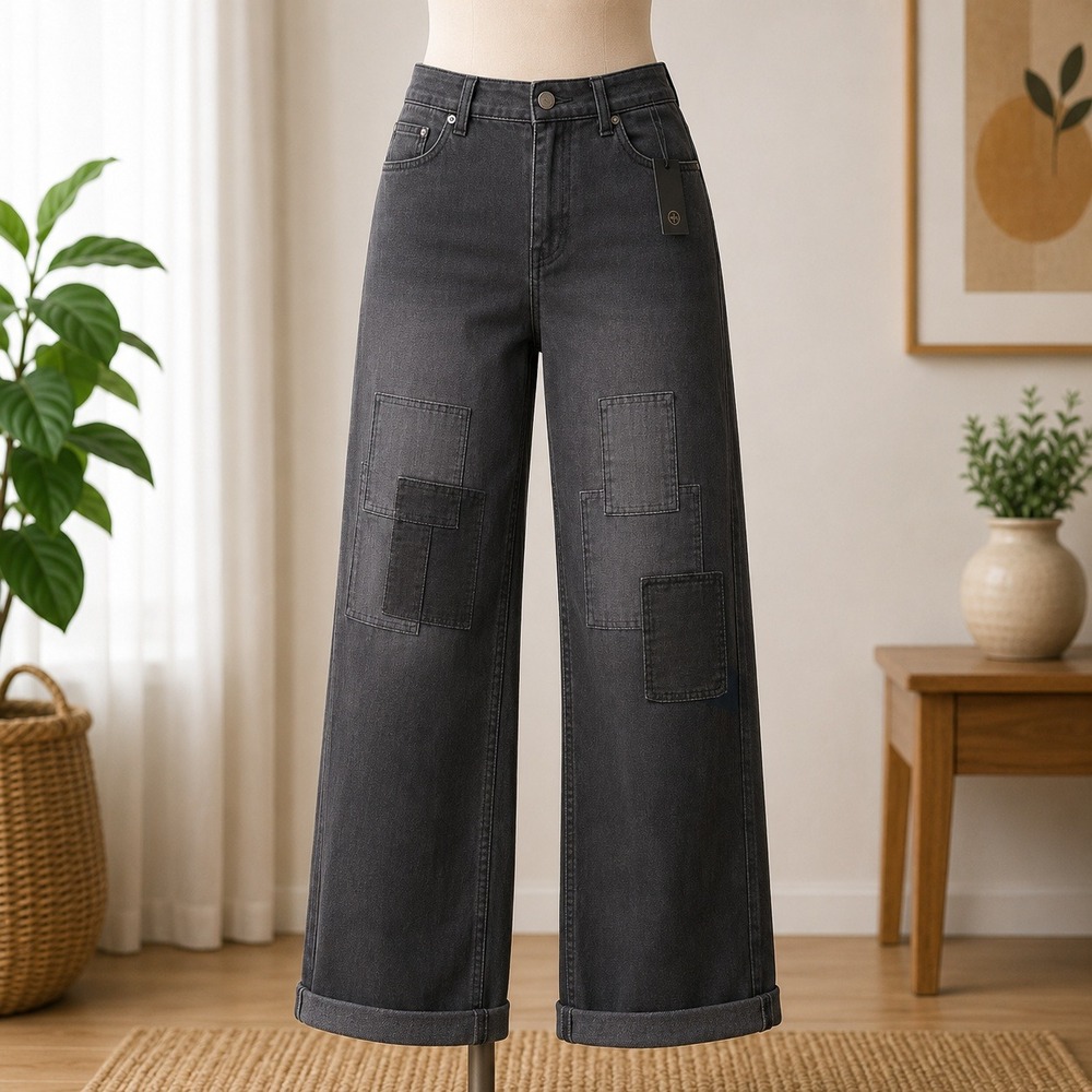 NWT LOGO Lori Goldstein Boyfriend Jeans Womens 22WT Black Patchwork Pull-On